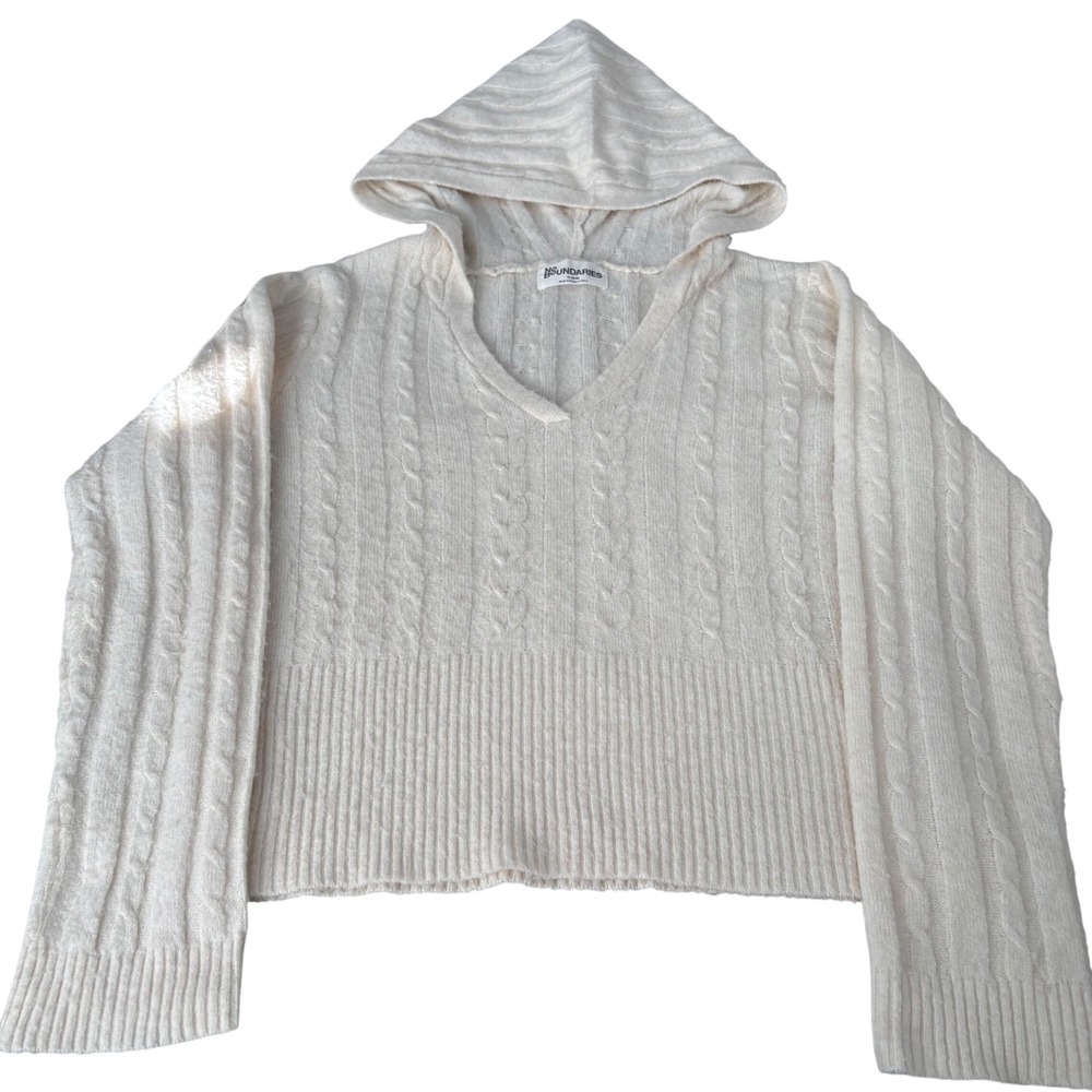 No Boundaries Cream Cable Knit Hoodie Sweater V-Neck Pullover XL 16-18 Layering